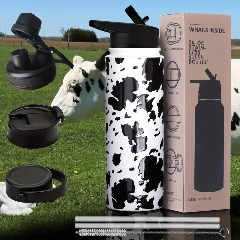 Cow Print Sports Water Bottle 304 Stainless Steel Vacuum - Temu