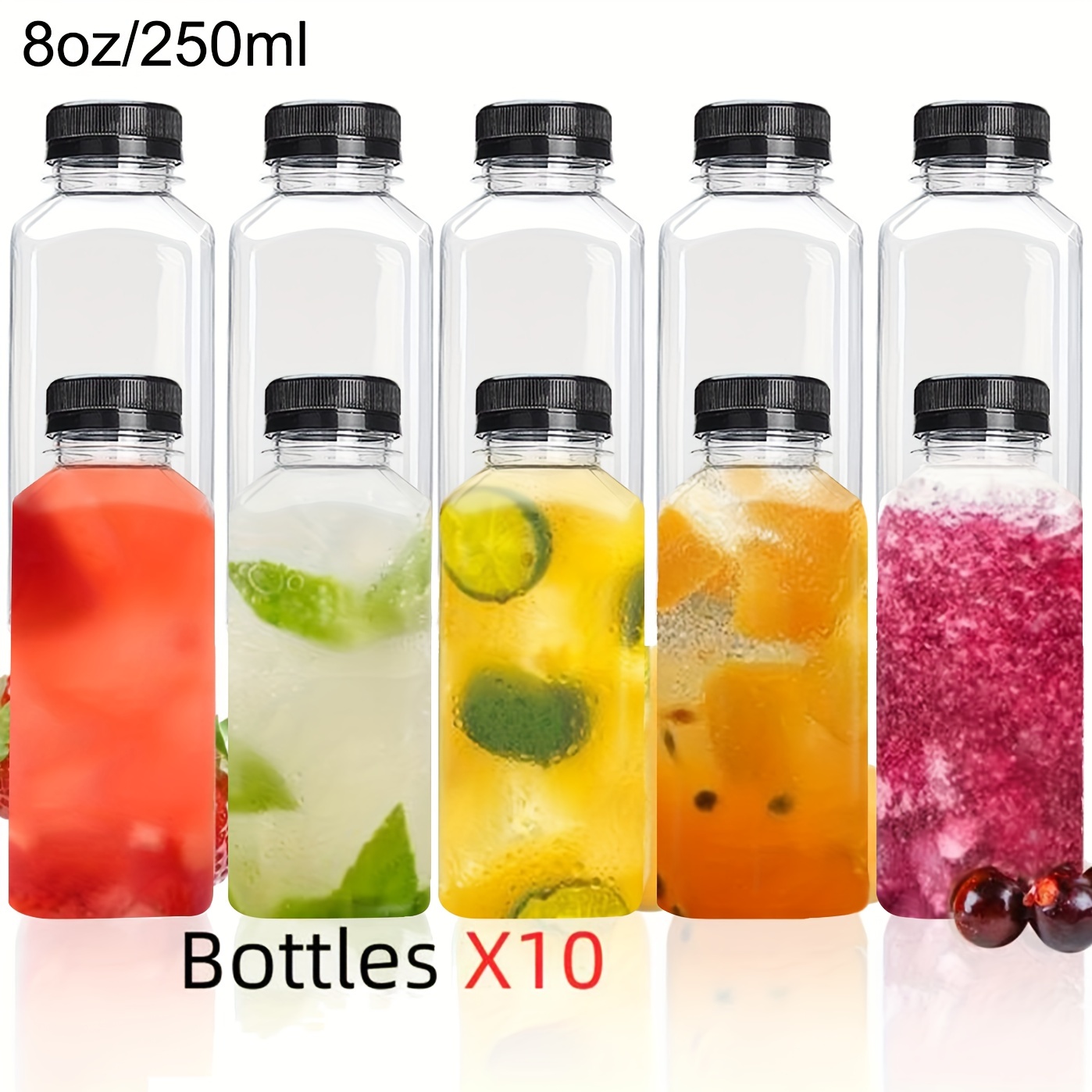 10pcs Transparent Plastic Juice Bottles With Leak-proof Lids