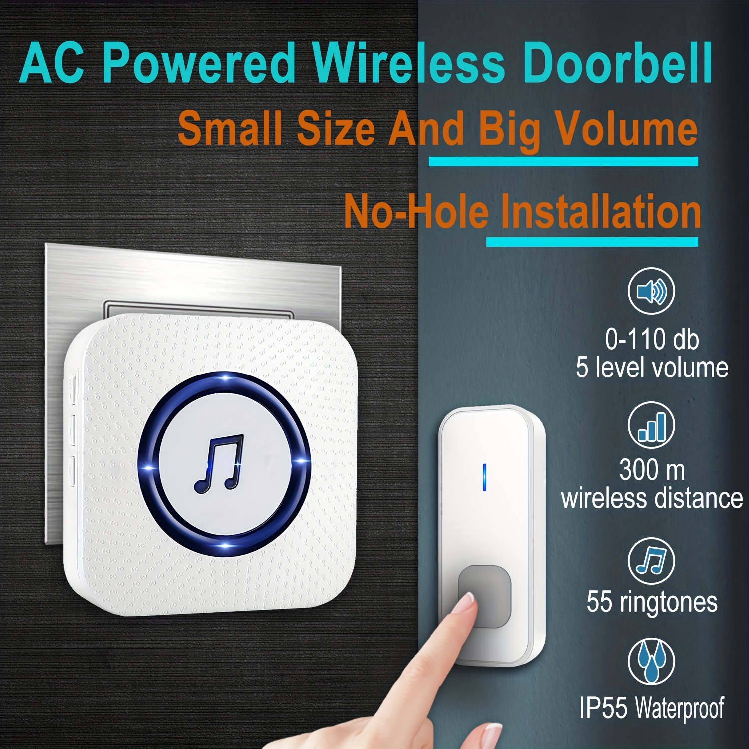 Wireless Doorbell, Usb Powered Ip55 Waterproof Doorbell With Night Light, 5  Level Volume, 58 Door Bell Chime & Colorful Led Flashblack