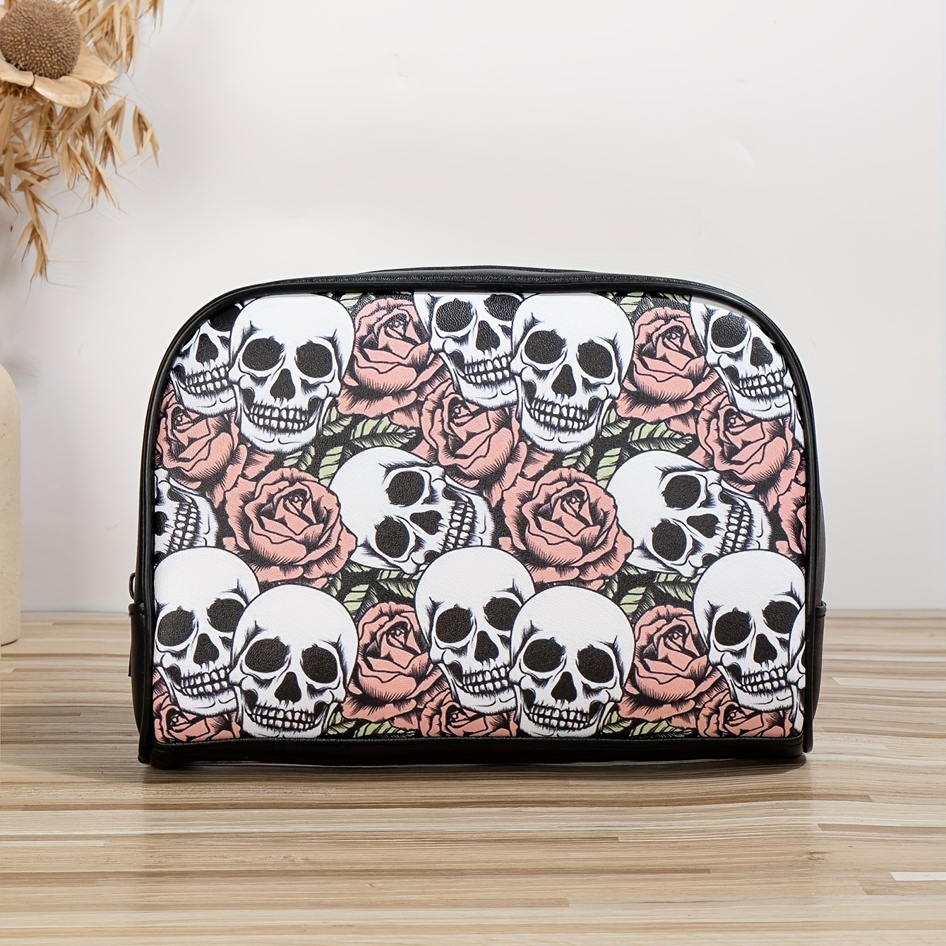 Niche Skull Flower Print Carry Pon Pouch Lightweight Zipper Temu