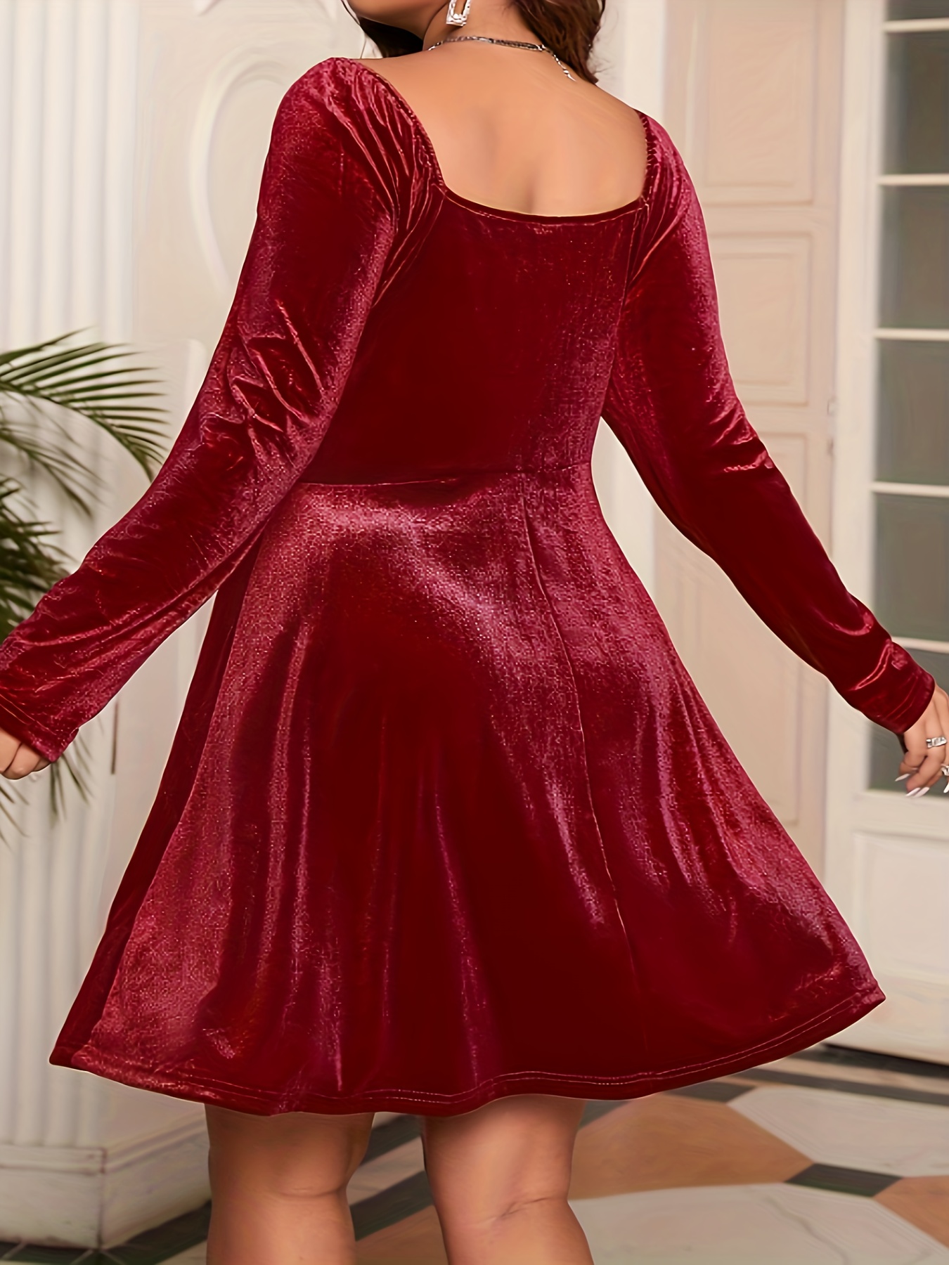 Vestido Casual De Mujer, Talla Grande, De Terciopelo Sólido Con Mangas De  Linterna, Cuello Redondo Y Ligero Estiramiento - Temu