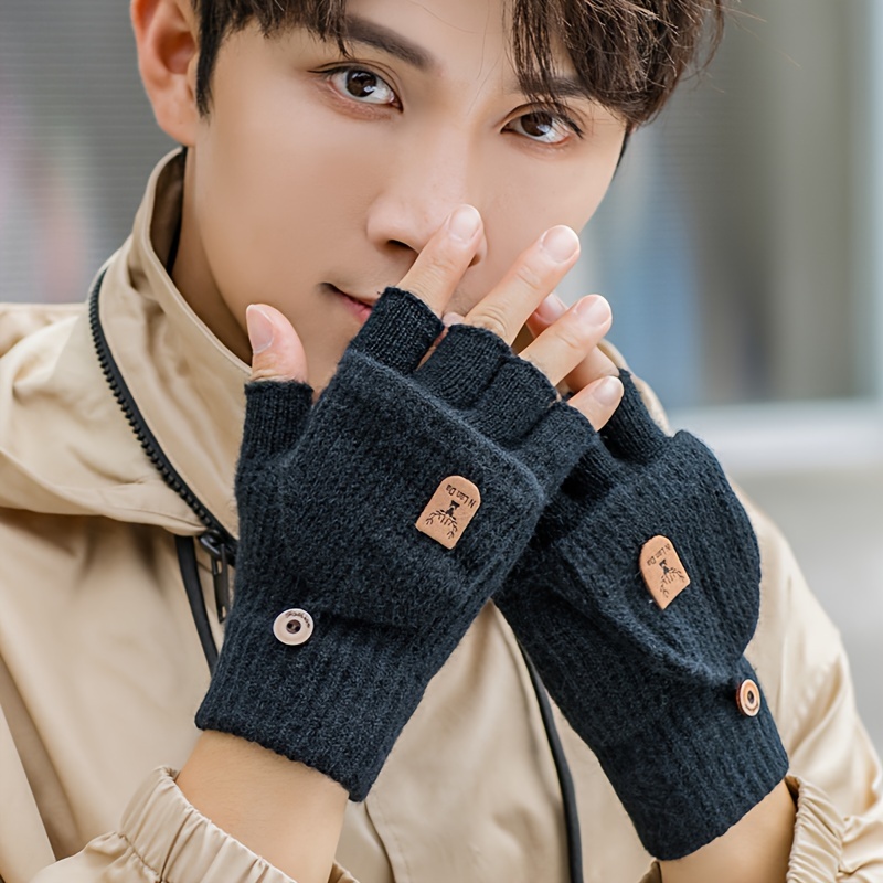 Casual Dark Grey Pair of Gloves, Men's Thick and Warm Fingerless Outdoor Winter Gloves,Temu