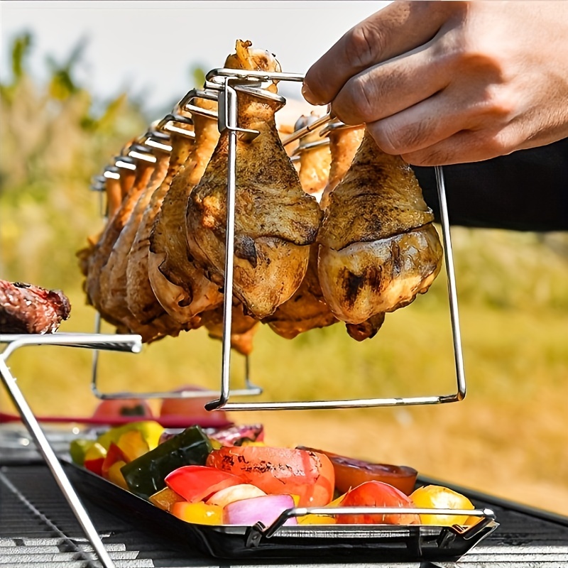 2pcs/set, Folding Stainless Steel Roasted Chicken Leg Plate Barbecue Grill  Outdoor Carrying Base Plate Grill Bbq Rotisserie Chicken Rack