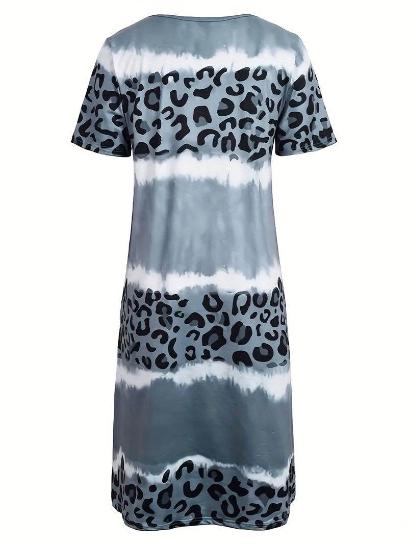 Plus Size Casual Dress, Women's Plus Tie Dye Leopard Short Sleeve V Neck Slight Stretch Dress details 10