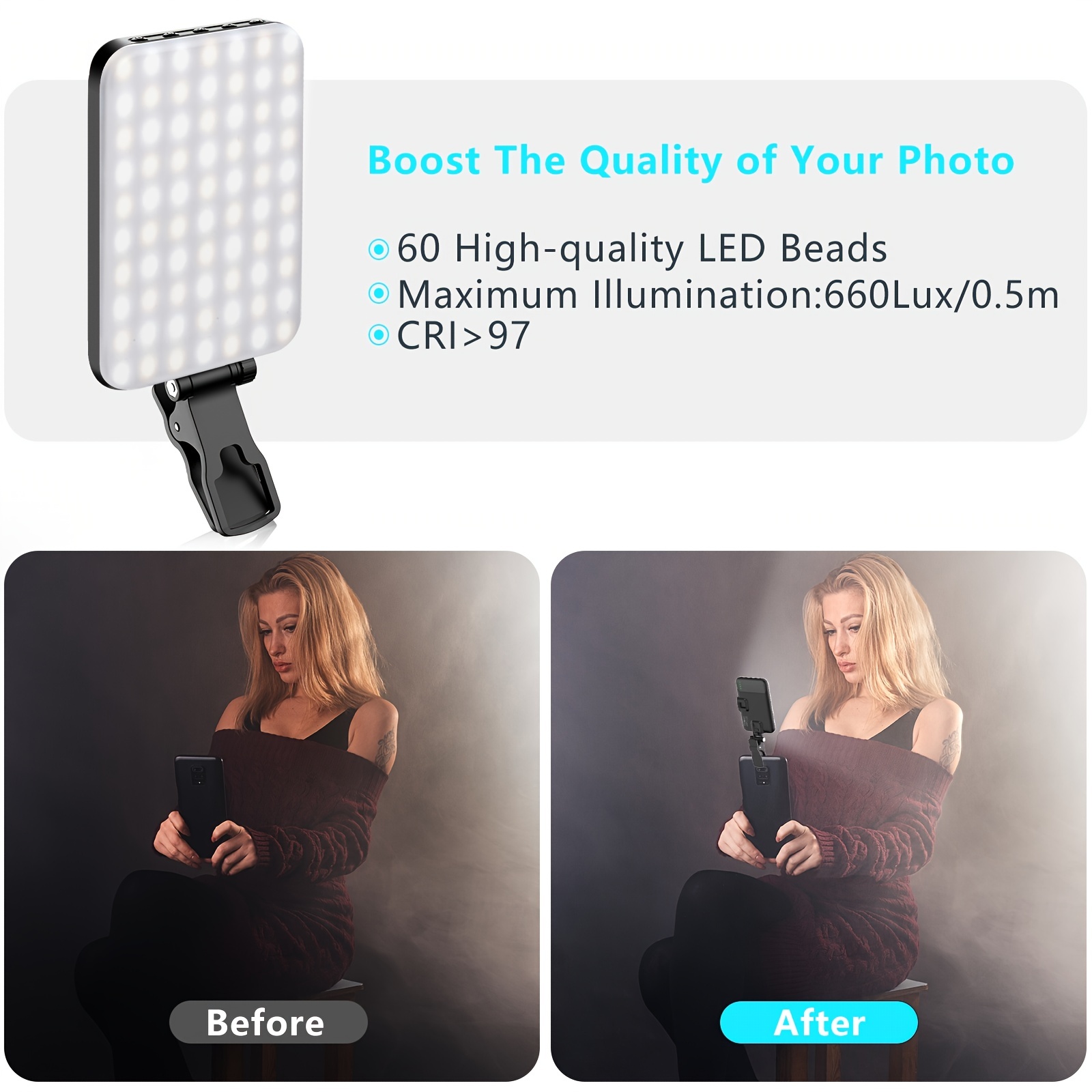 Lumière Téléphone pour Selfie LED avec Clip, 60 LED de Haute Puissance,  Batterie Rechargeable de 2000mAh, CRI95+, 3 Modes d'éclairage, Lampe Vidéo  à Pince Portable pour Appels Via Zoom, TikTok