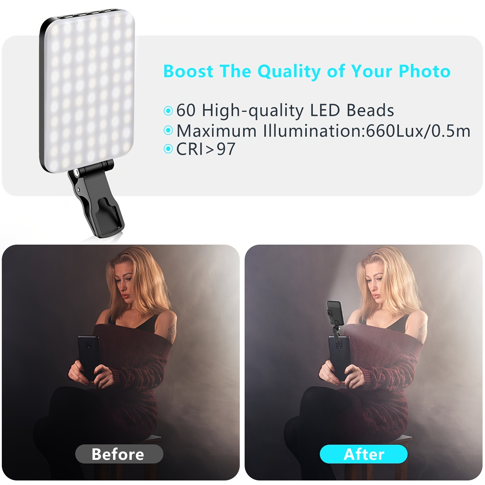  Youlisn Lumiere Telephone pour Selfie LED avec Clip, 60 LED Photo  Rechargeable et 3 Modes d'éclairage ajustés, Lampe Video a Pince Portable  Light 2000 mAh pour Ordinateur Portable, iPad, iPhone