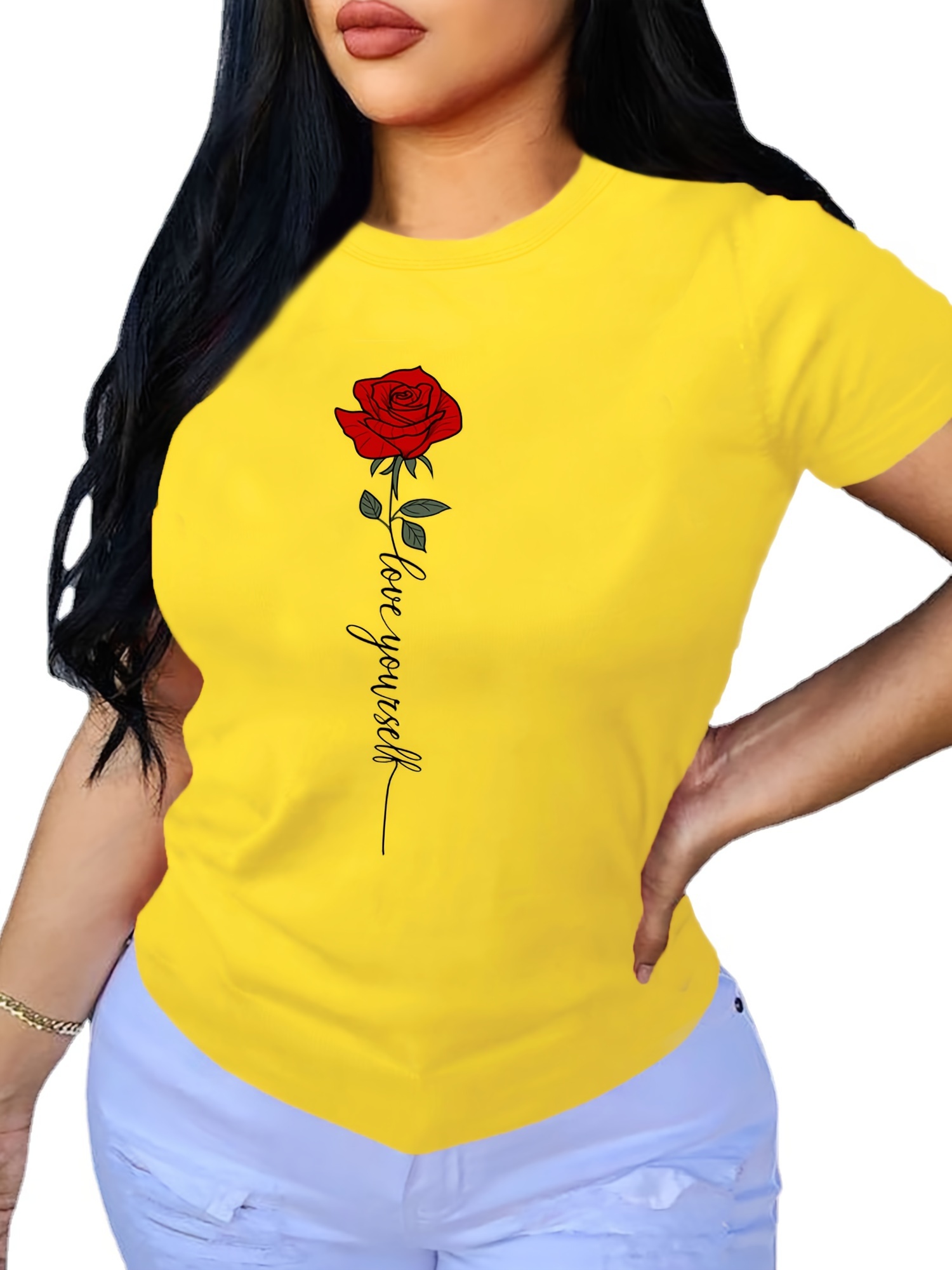  Camiseta de manga corta con cuello redondo y color liso para  mujer, Amarillo, L : Ropa, Zapatos y Joyería
