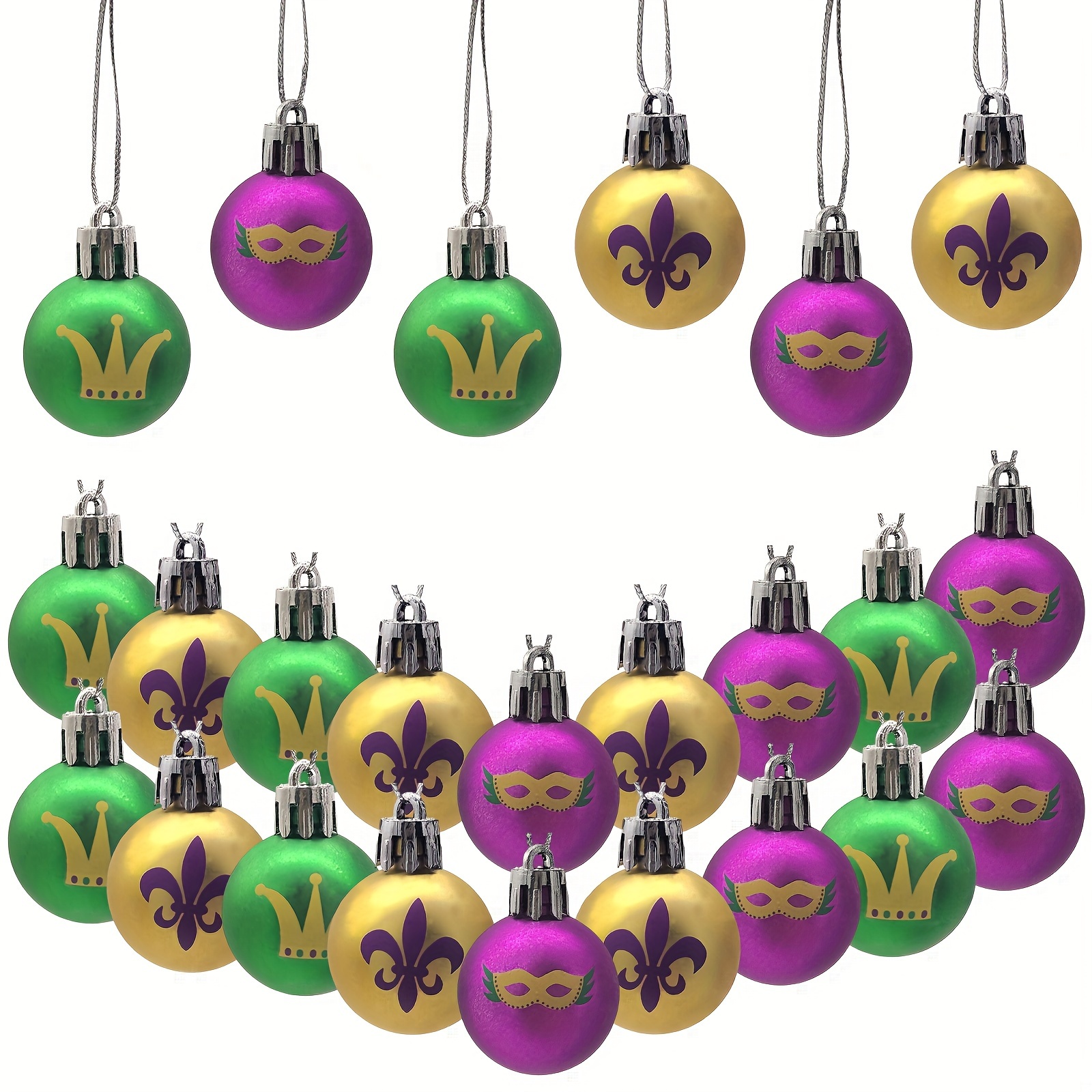Lot Of 3 Mardi Gras Ornaments 4” honeycomb Style purple gold green Glittered