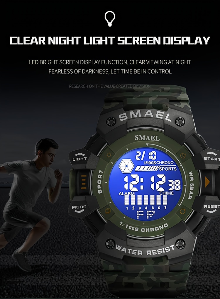   sports digital wristwatch for outdoor mountaineering led night light multifunctional alarm calendar watch with large dial camo strap details 4