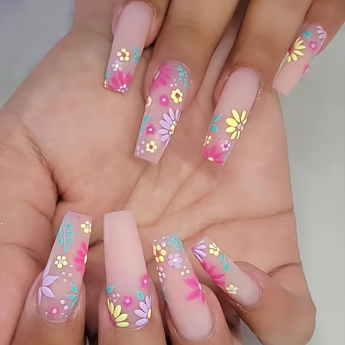 Pink and white airbrush nails with 3d flowers, Anna Nails
