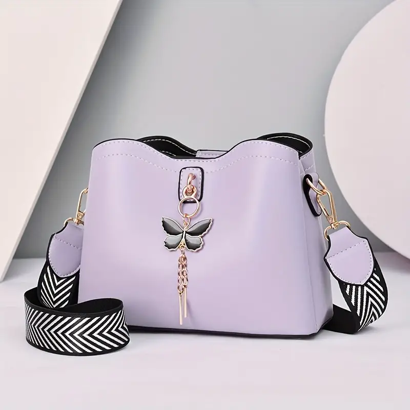 butterfly decor bucket bag geometric strap crossbody bag womens faux leather shoulder bag 9 1 7 1 4 3 inch details 6