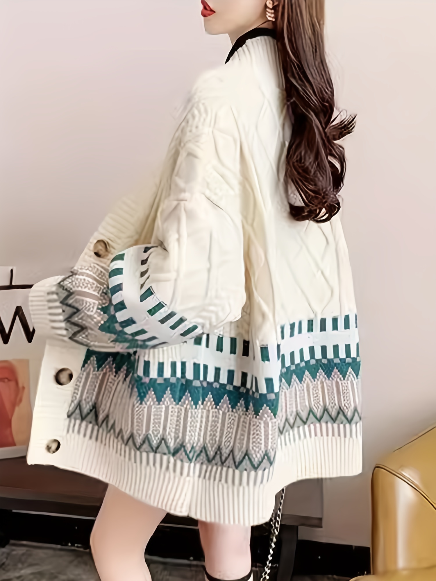 geo pattern button down knit cardigan elegant long sleeve loose sweater with pocket womens clothing beige 2