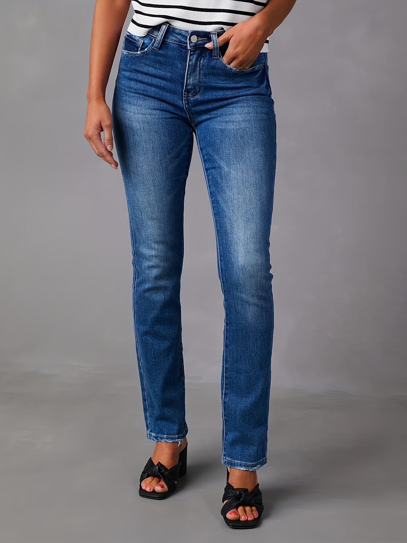 Blue stretch Skinny Jeans Slim Fit Slant Pockets Washed - Temu Canada