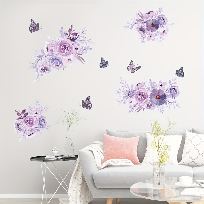 Romantique Violet Fleurs Autocollant Mural Maison Décoration Murale Salon  Chambre Décor Eau Couleur Papier Peint Autocollants Auto Adhésifs Du 7,48 €