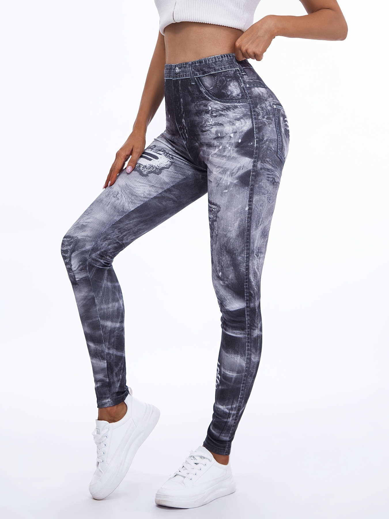 Women's Leggings Faux Denim Floral Printed Yoga Pants Casual - Temu United  Arab Emirates