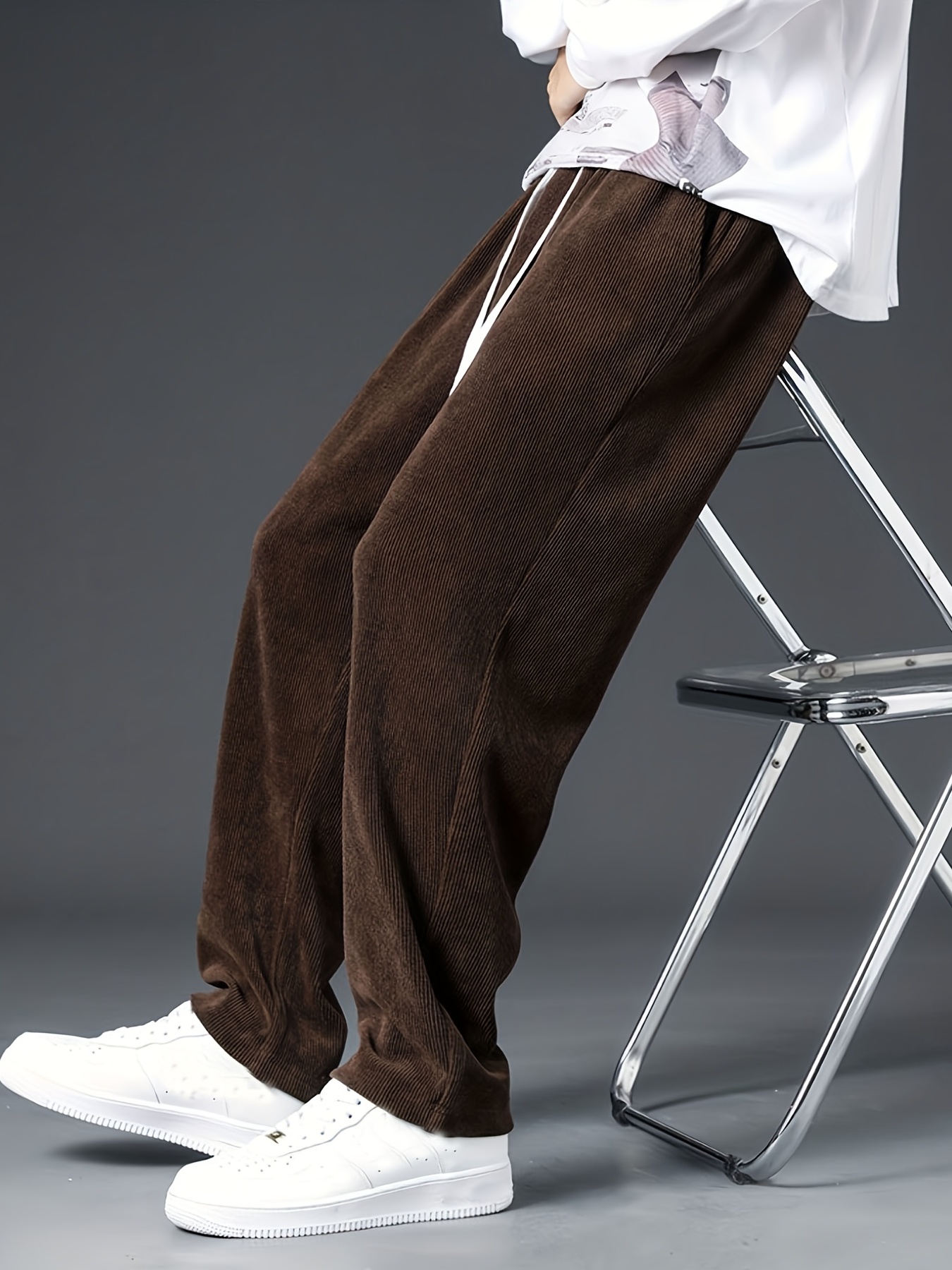 Men's Corduroy Baggy Trousers Loose Wide Leg Plain Color Pants Retro Style  New