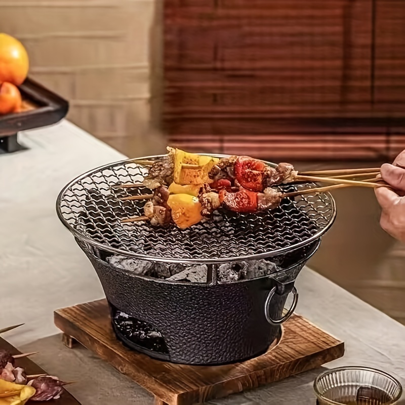 1 Set, Charcoal Grill, Japanese Cast Iron Grill, Portable Charcoal Grill,  Round Bbq Cast Iron Grill, Barbecue Wood Burning Grill For Outdoor, Hiking