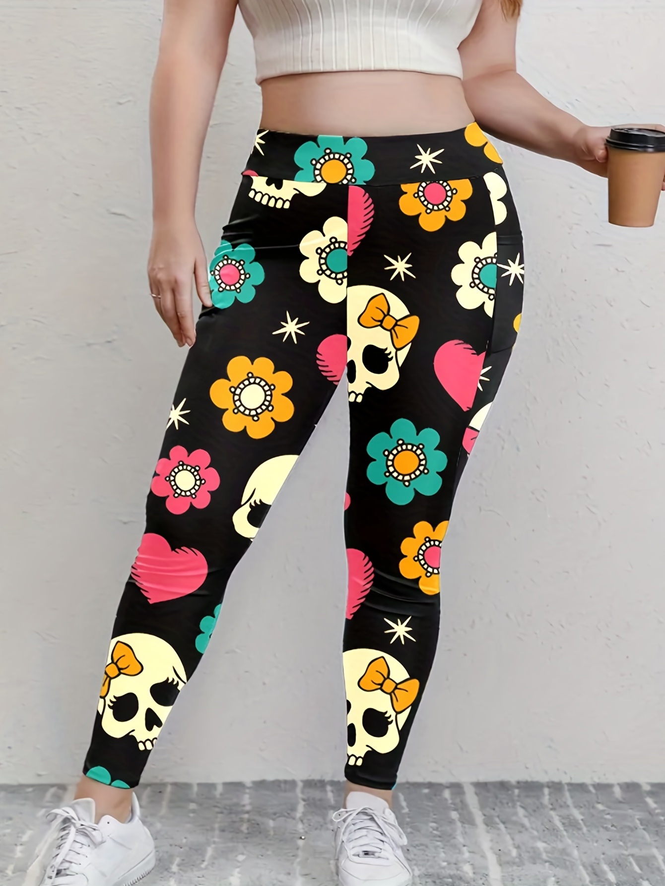 Halloween Skull Flower Print High Waist Leggings Fashion - Temu