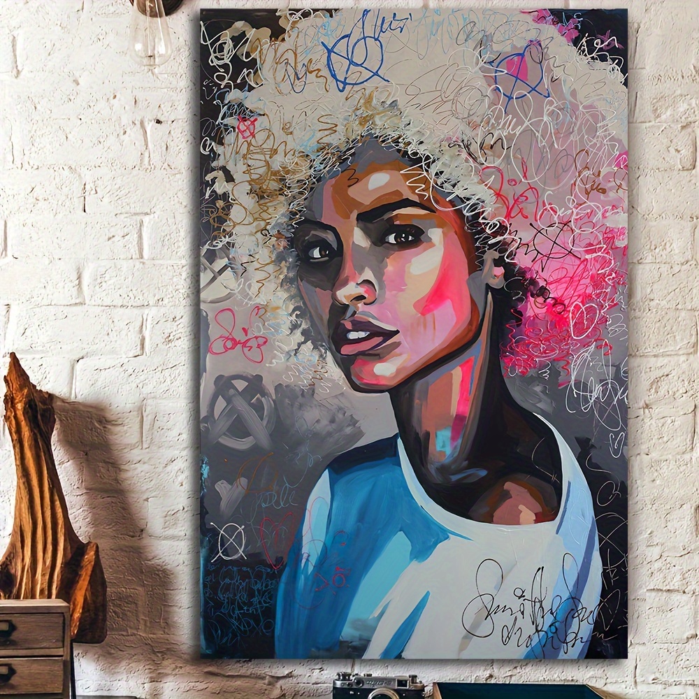 1pc  アフリカ女性キャンバス絵画、抽象ウォールアートカラフルなポートレートキャンバスプリントポスター、リビングルーム寝室ホーム装飾絵画、39.88*59.94  Cmフレームレス