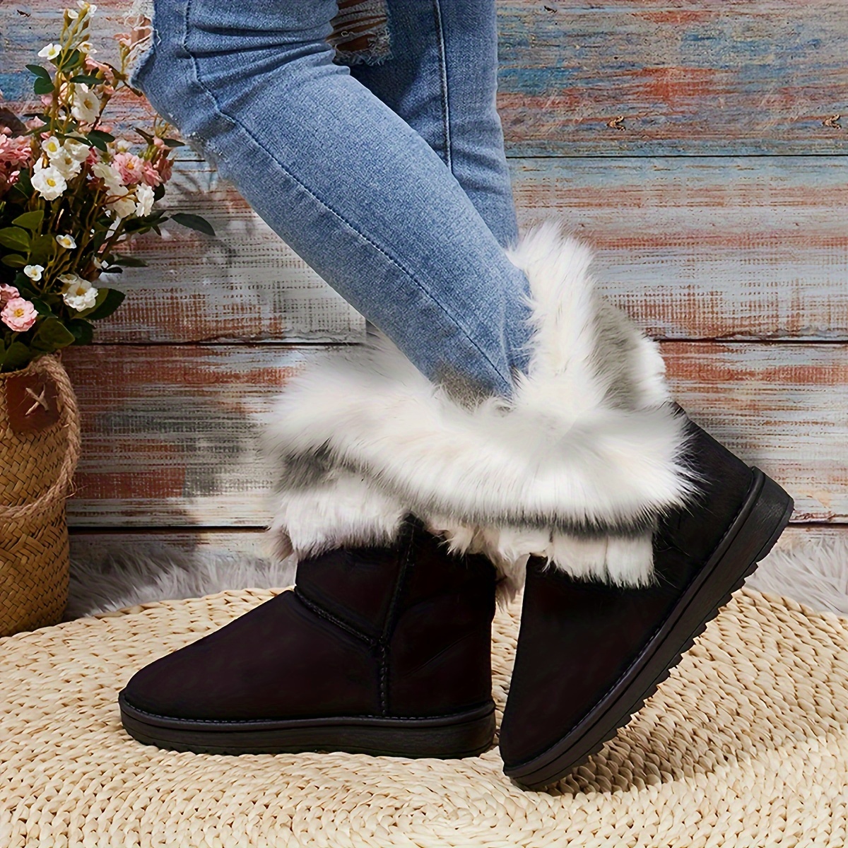 Botas cortas cálidas de invierno para mujer, botas planas de piel  sintética, botas de nieve con cordones para exteriores