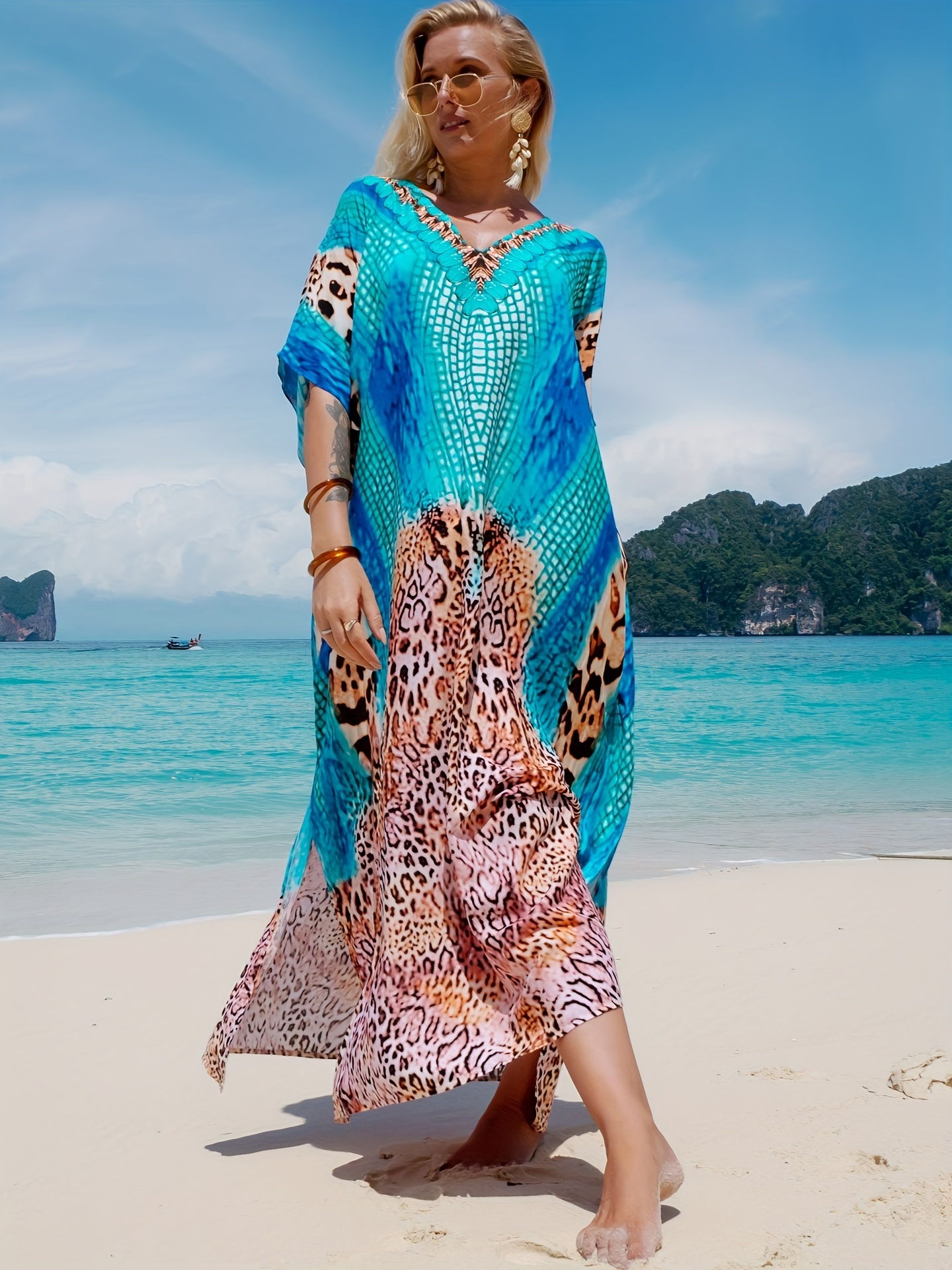 Boho Plus Allover Print Batwing Sleeve Cover Up Dress