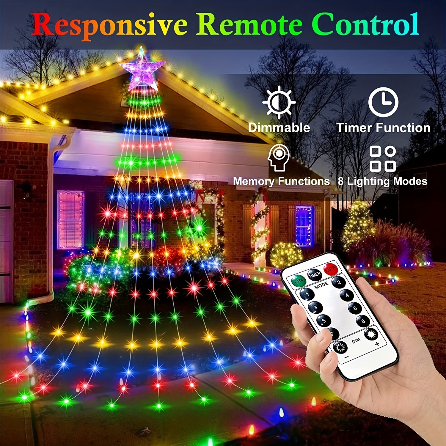 1pc pentagram christmas decorative light usb power supply with remote control led waterfall christmas tree light 8 modes lights for indoor and outdoor courtyard party home and holiday christmas halloween decorations details 0