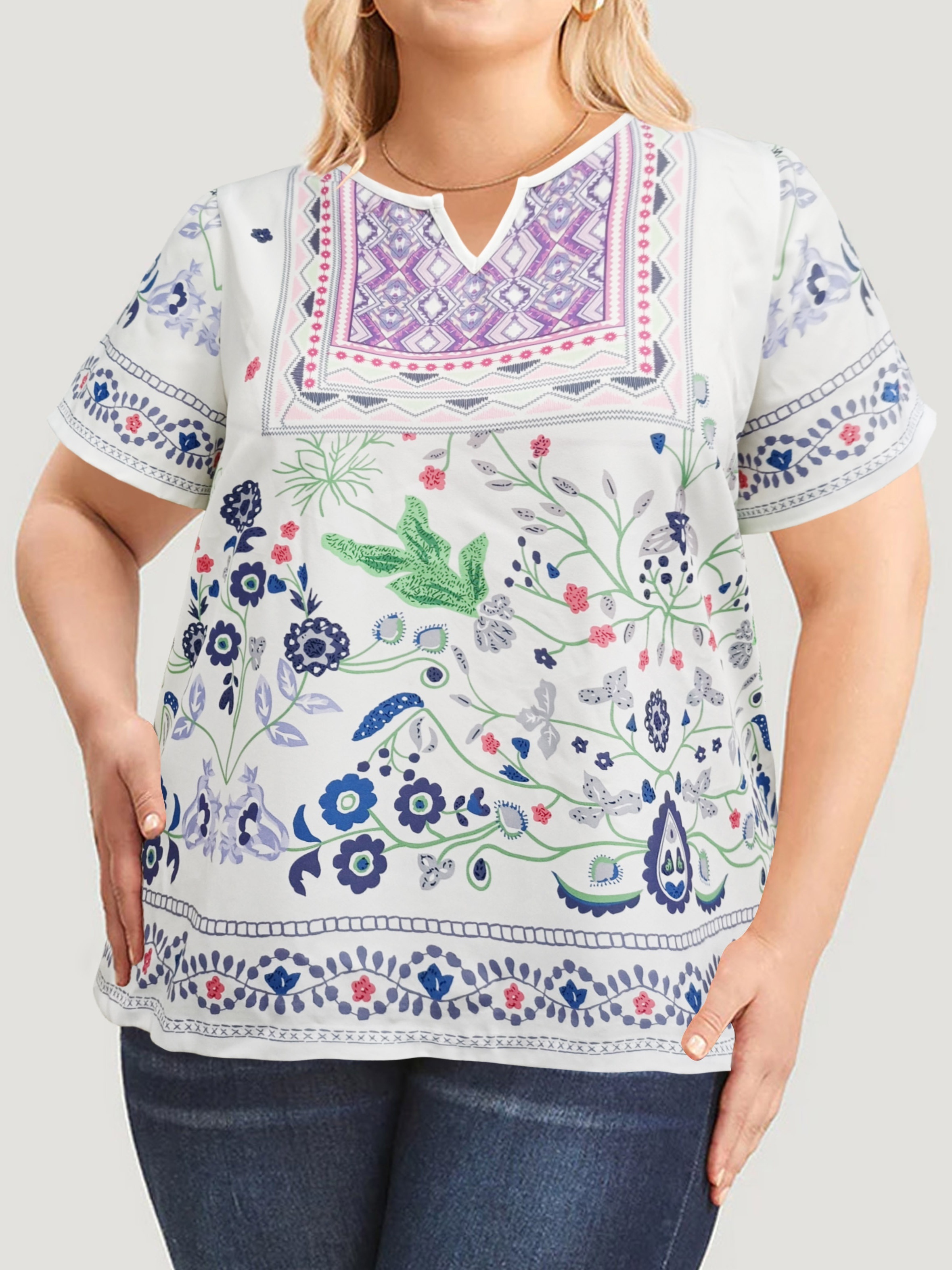 Plus Size Casual Blouse Women's Plus Floral Print Short - Temu