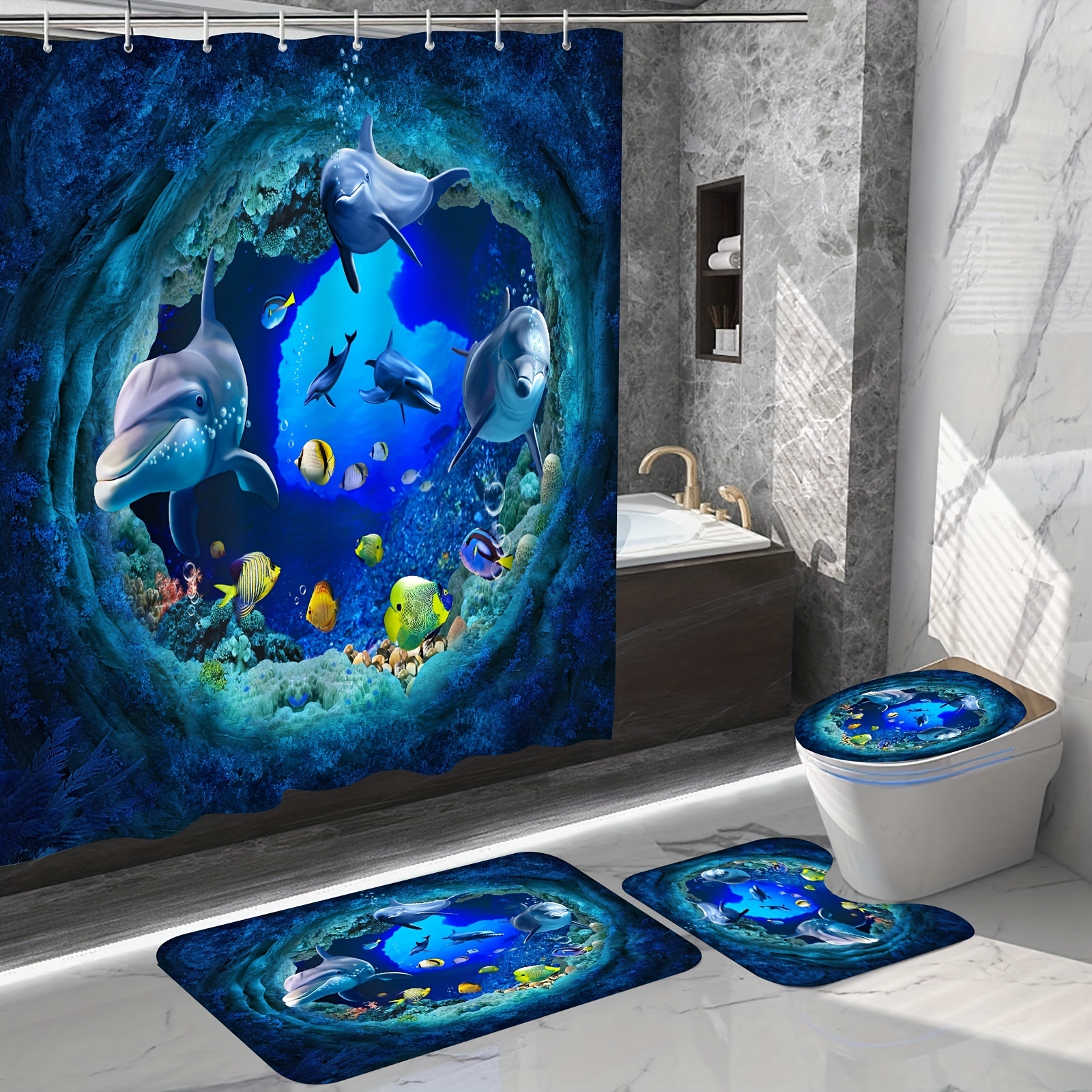 4pcs Waterproof Dolphin Bathroom Set with Non-Slip Rug, Shower Curtain, and  Toilet Accessories - Enhance Your Bathroom Decor
