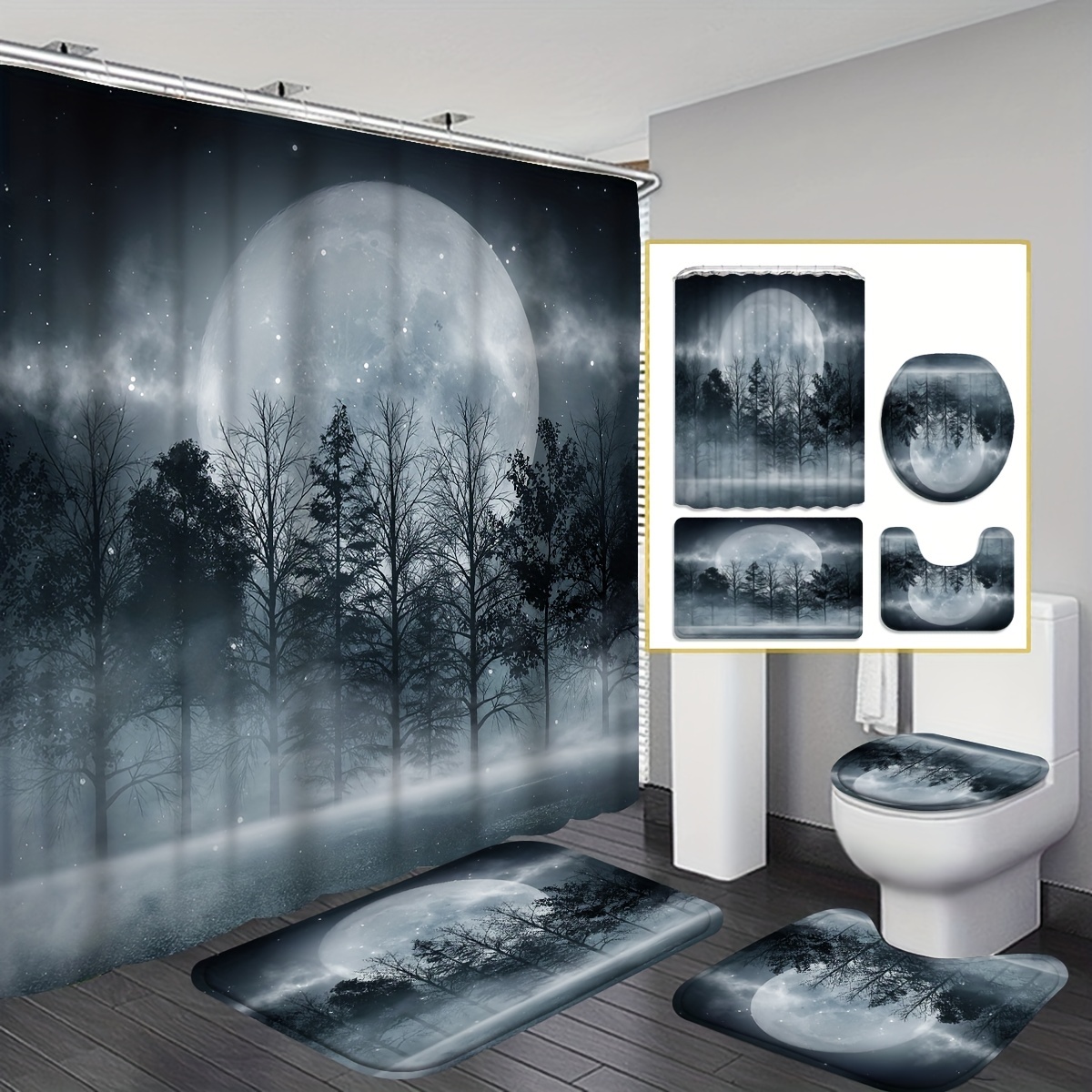 4pcs Colorful Tree Pattern Shower Curtain Set, Bathroom Rug, U-Shape Mat,  Toilet Lid Pad, Waterproof Curtain With 12 Hooks, Aesthetic Bathroom Decorat