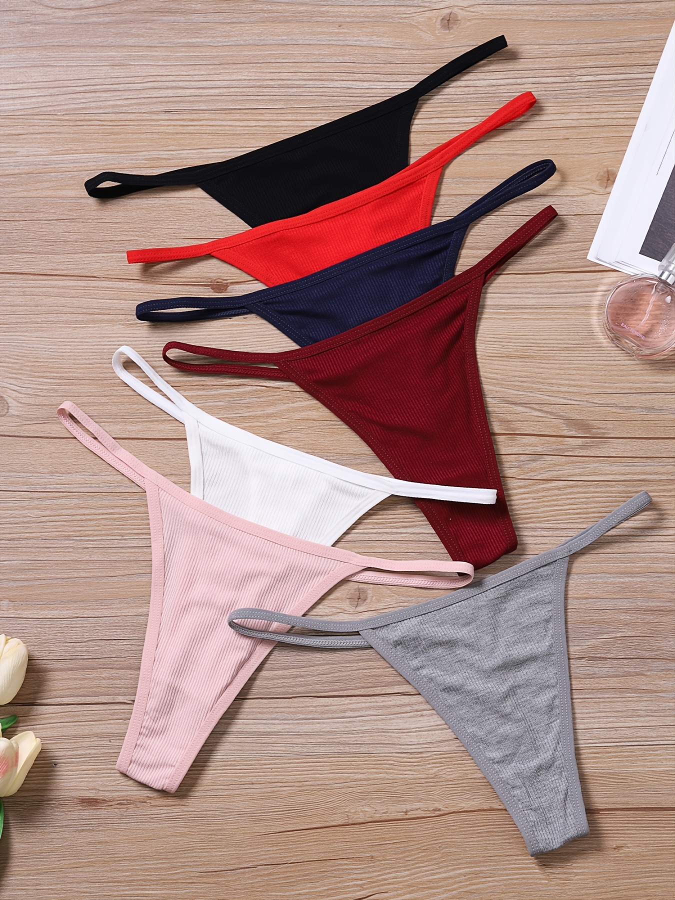 7 bragas de bikini de hilo de colores mixtos para mujer, tanga acanalada de  cintura baja, ropa interior y lencería para mujer