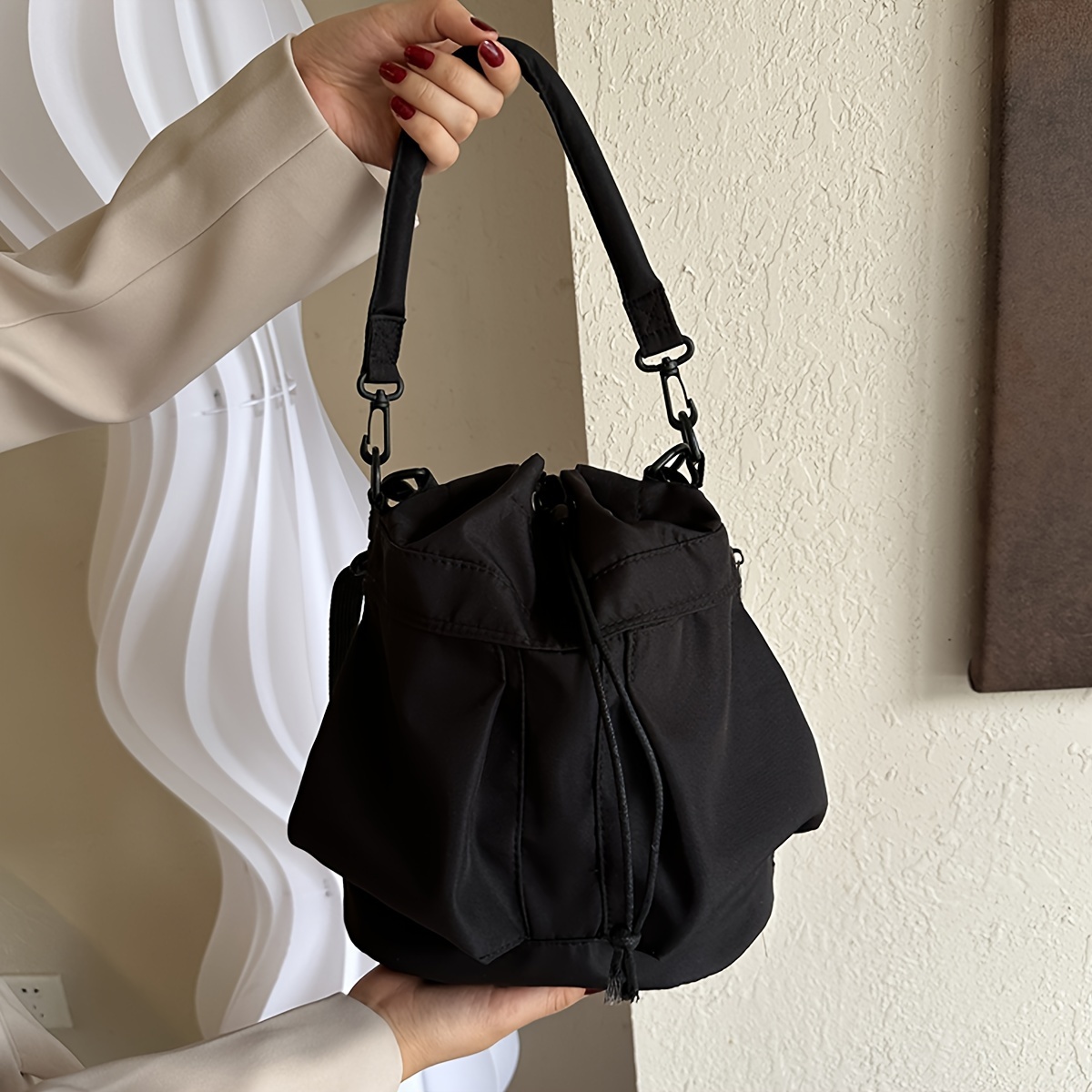 Adjustable Strap Drawstring Bag Large Capacity Solid Bucket - Temu