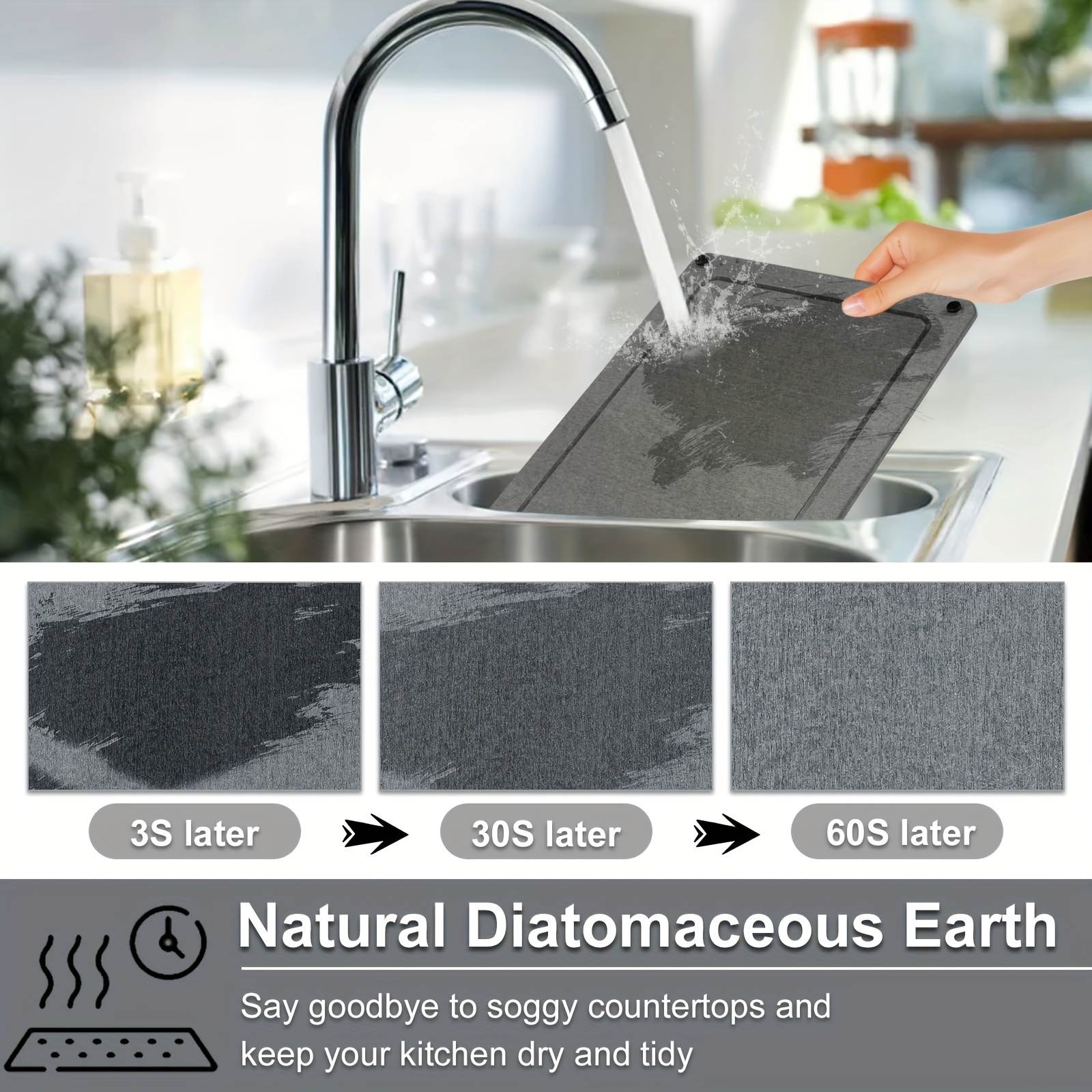 Stone Dish Drying Mat for Kitchen Counter, Quick Drying Diatomaceous Earth  Stone Mat, Super Absorbent Marble Dish Drying Pad, Heat Resistant Non-Slip