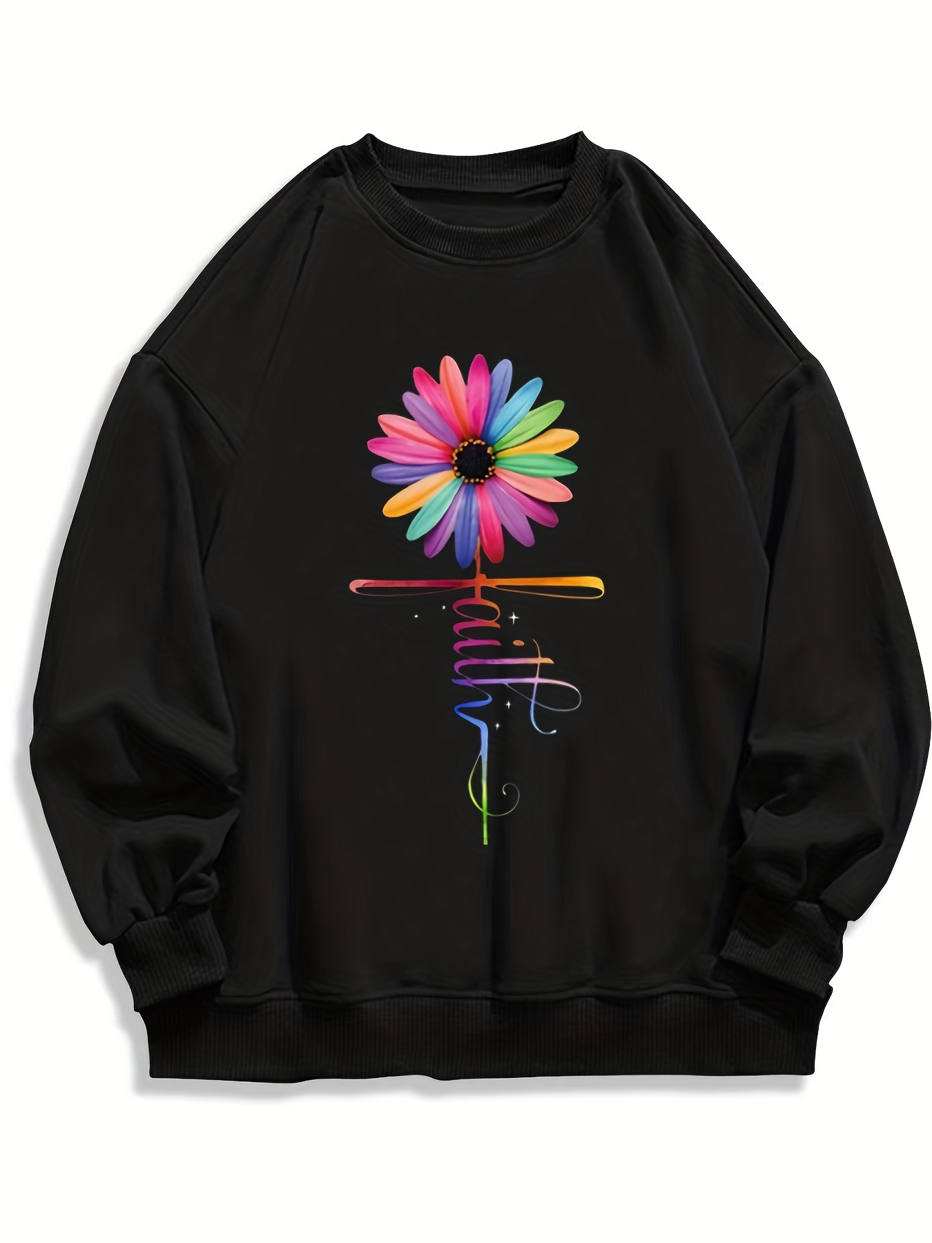 Faith & Colorfull Flower Print Sweatshirt, Casual Long Sleeve Crew Neck  Sweatshirt For Fall & Winter, Women's Clothing in 2023