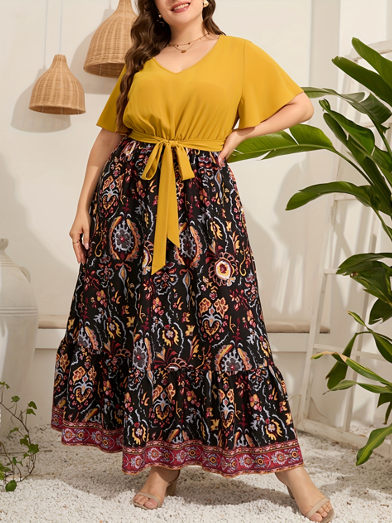 Colorblock Floral Print Knot Front Maxi Dress