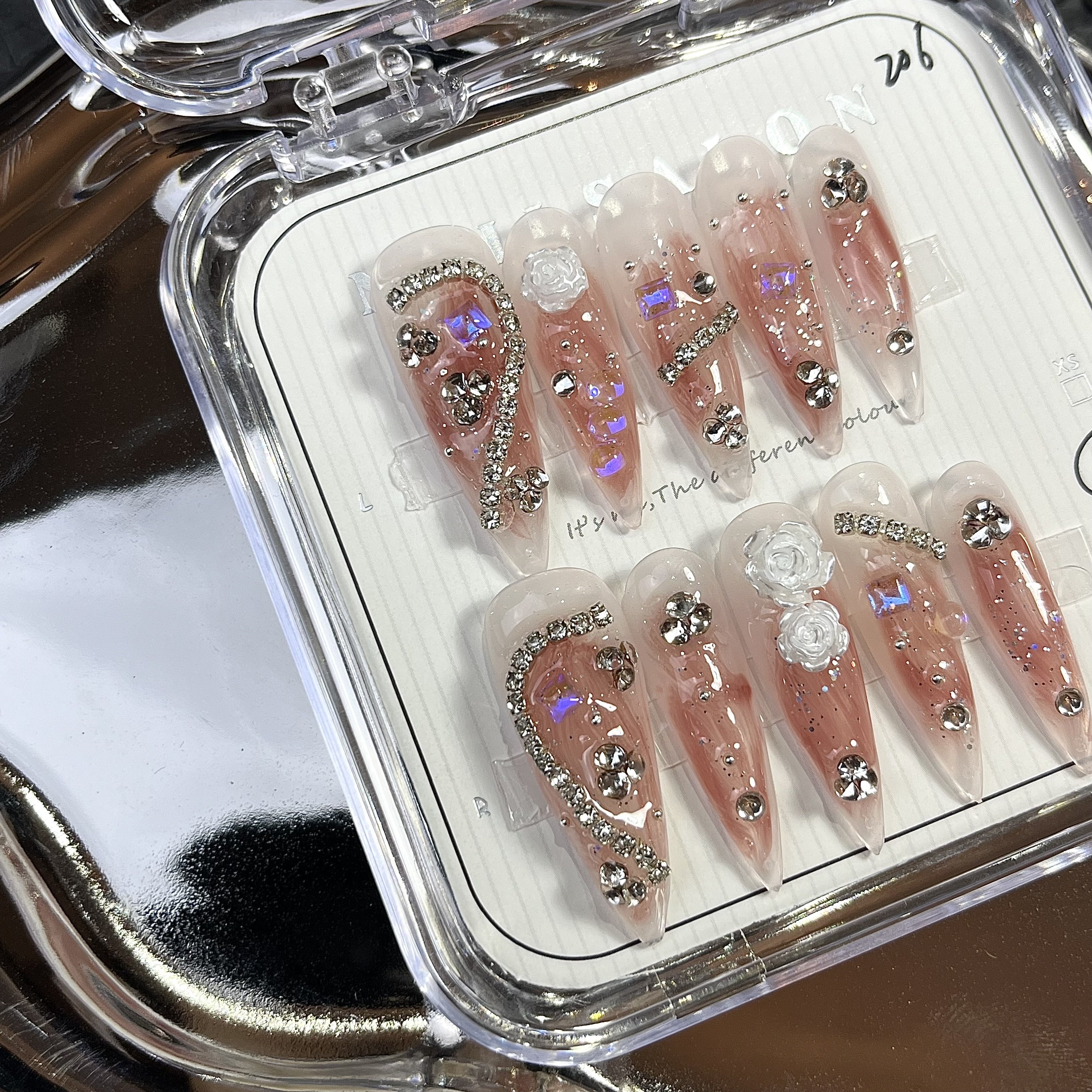

10pcs Sparkling Camellia Rhinestone Press On Nails - Long Stiletto False Nails For Women's Party Wear