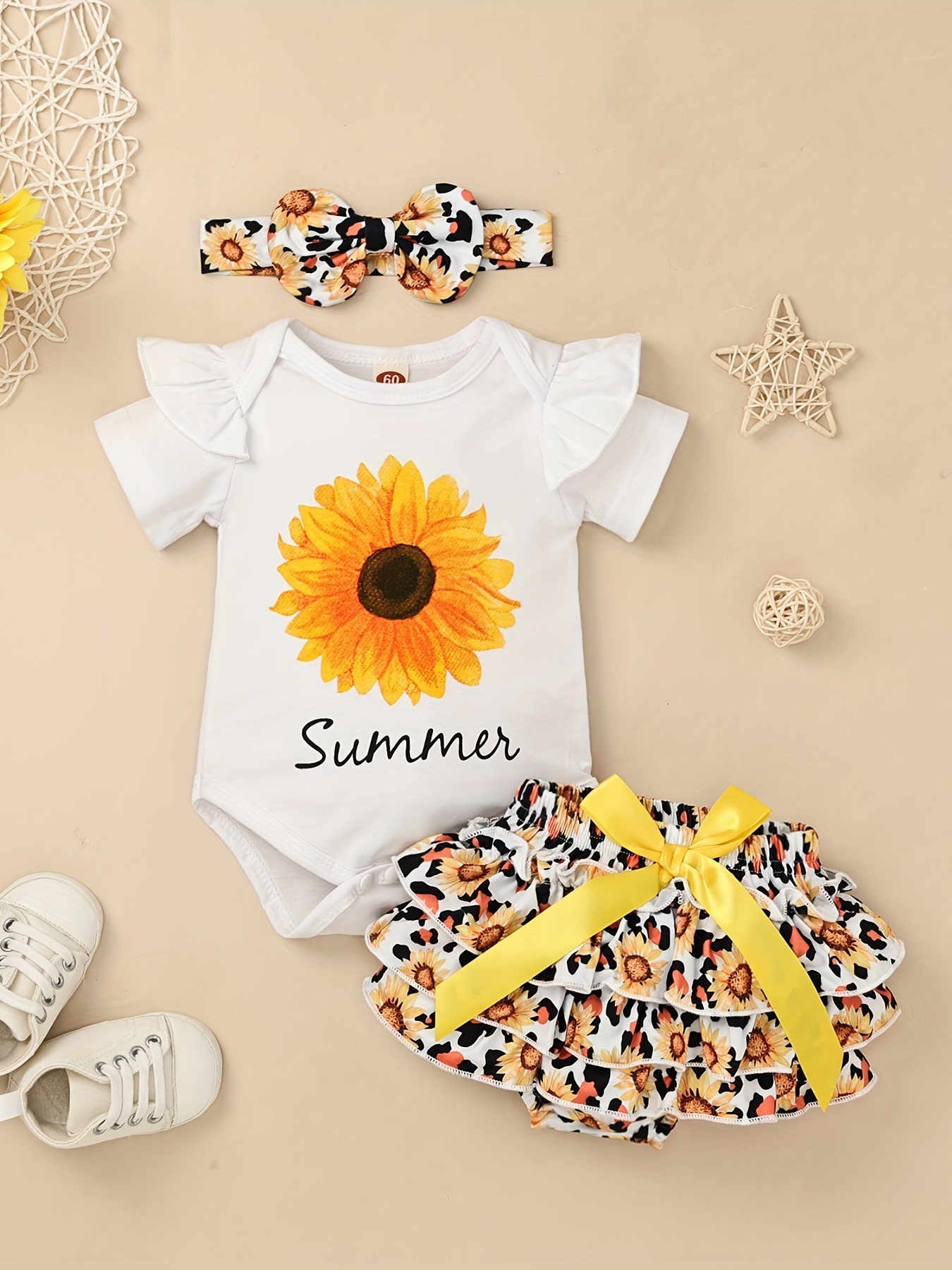 Newborn Infant Baby Girls Tops+Floral Sunflower Shorts+Headbands Outfits
