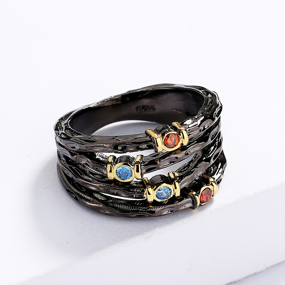 Retro Style Black Ring With Colorful Zircon Unique - Temu