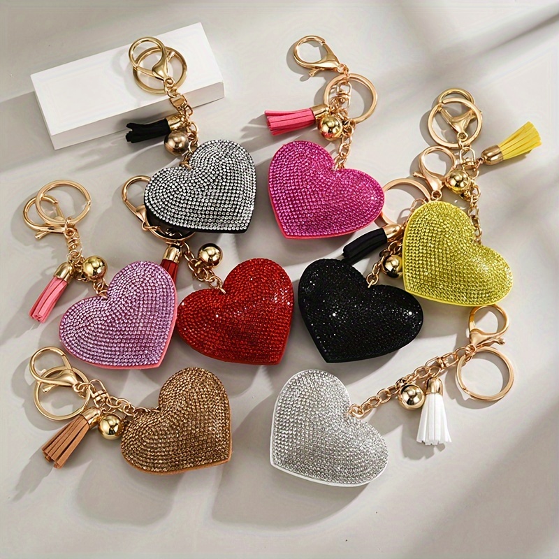 12PCS Colored Pom Pom Keychain Bulk Heart Fluffy Fur Puff Ball Key for Women
