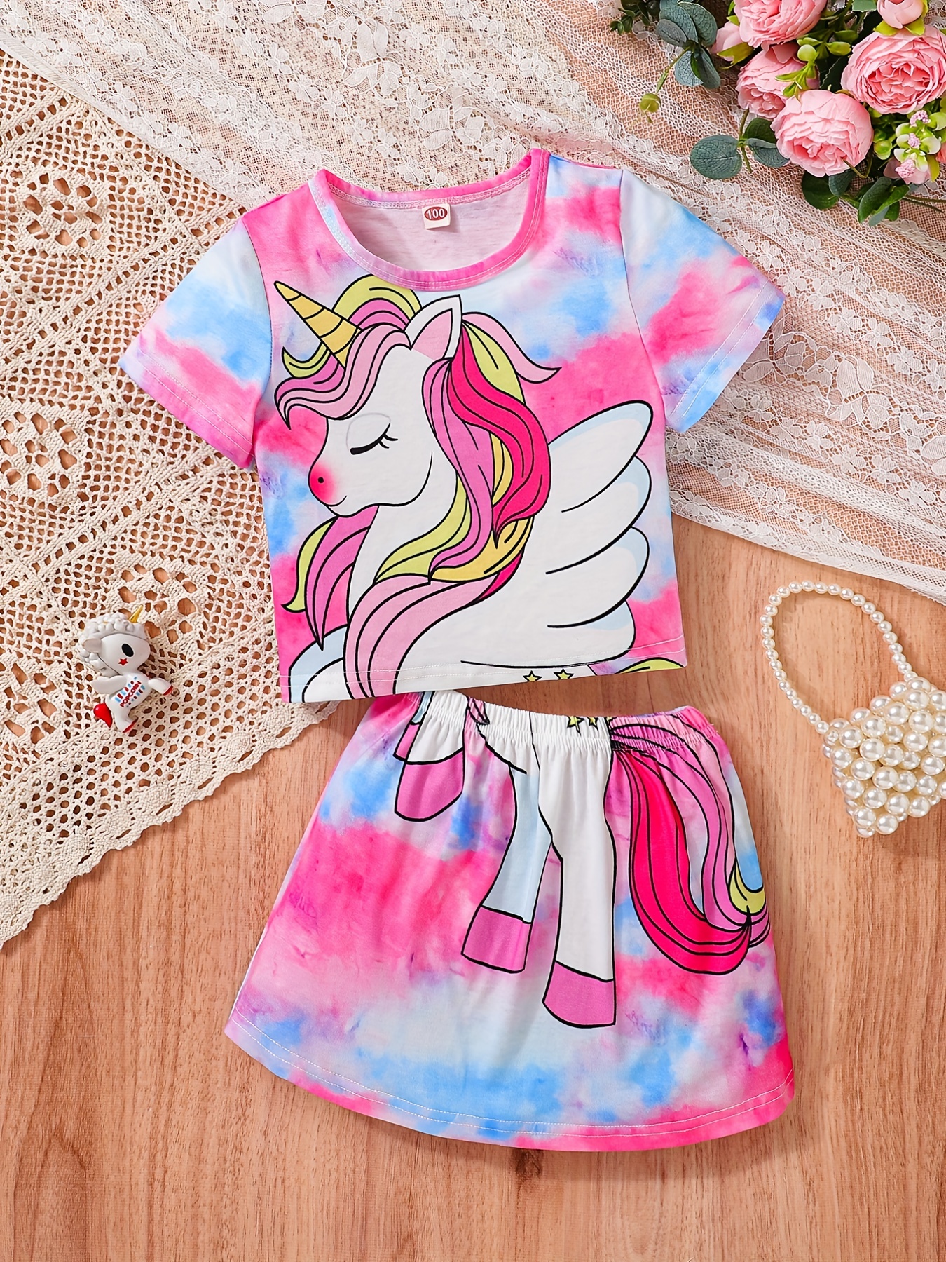 Girls T shirt Elastic Waist Skirts Unicorn Tie dye Print - Temu