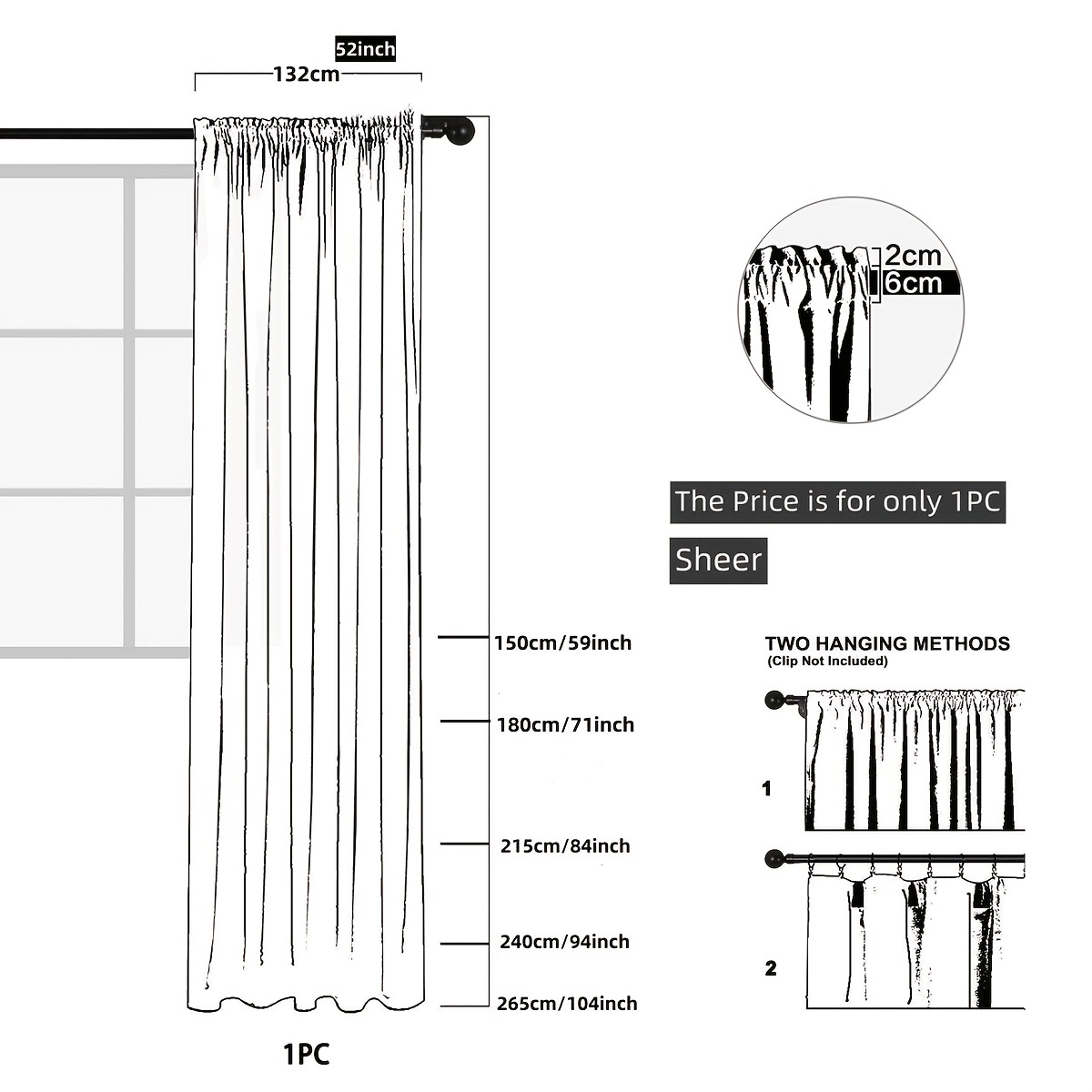 Translucent Sheer Curtain with Rod Pocket for Home Decor