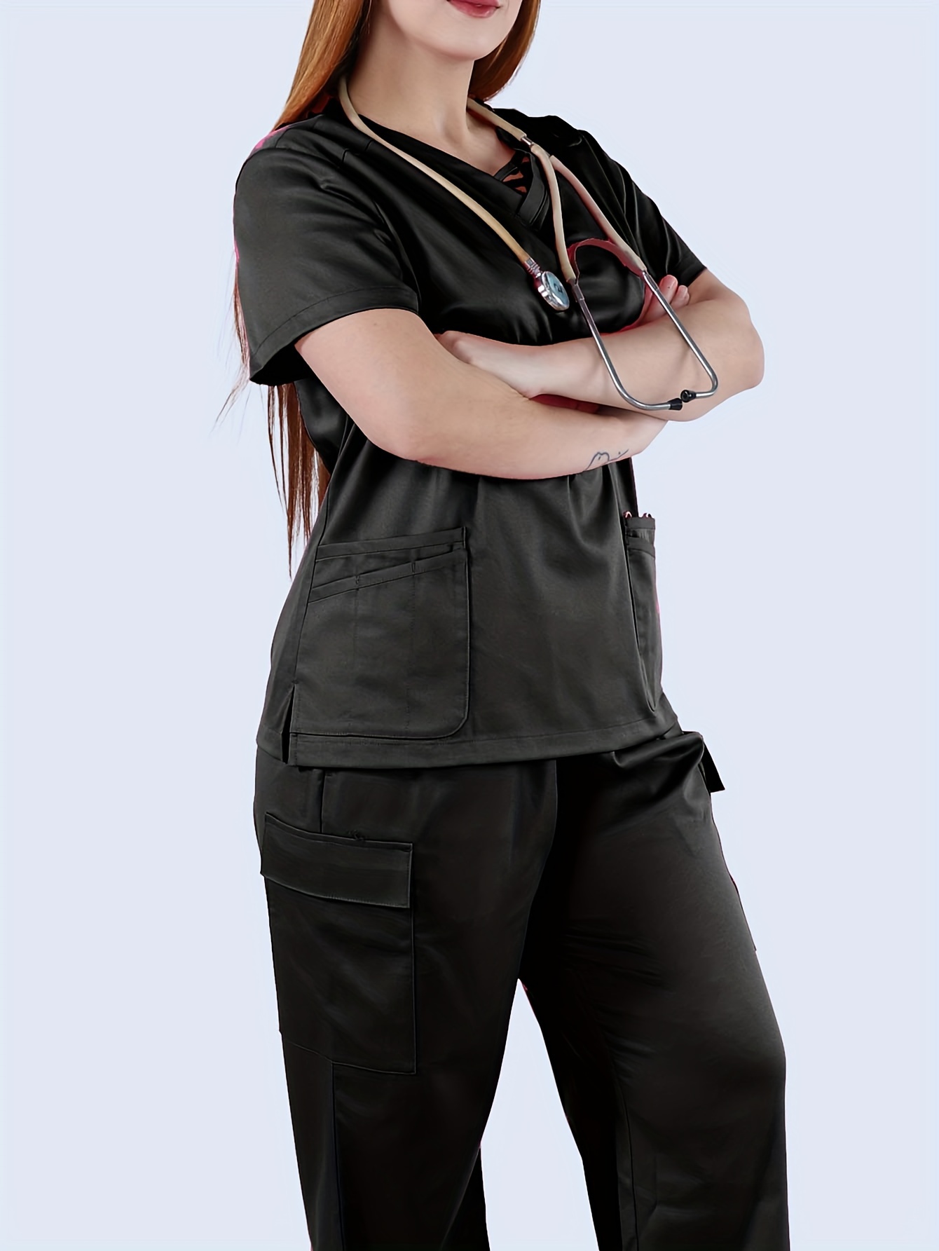 Camiseta de uniforme médico para mujer, color sólido, blusa de manga corta,  cuello en V, bolsillo, ropa de trabajo