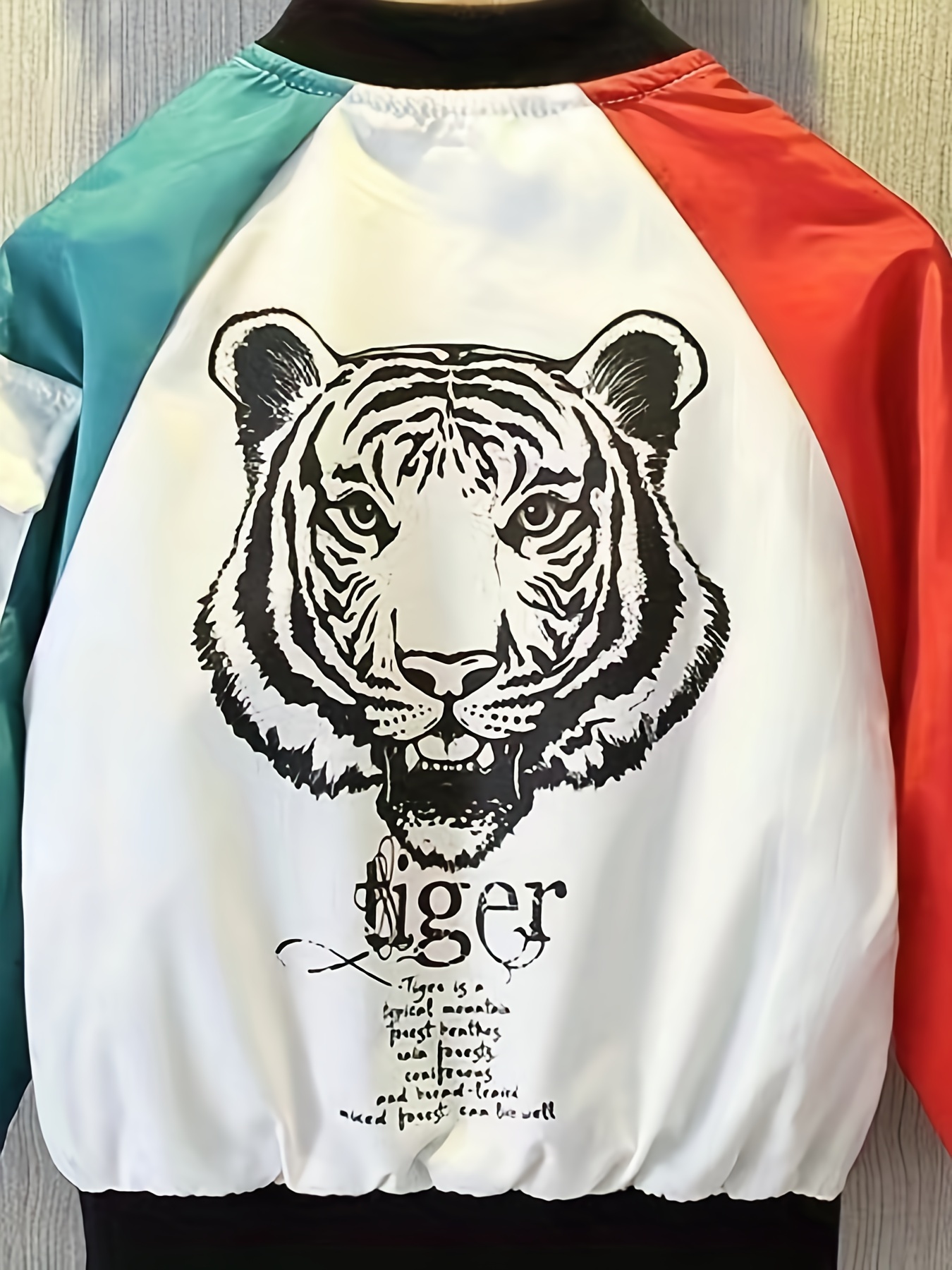 Boys Fashion Color Block Tiger Print Jacket Long Sleeve Zip Up Baseball Jacket Kids Clothes Outdoor