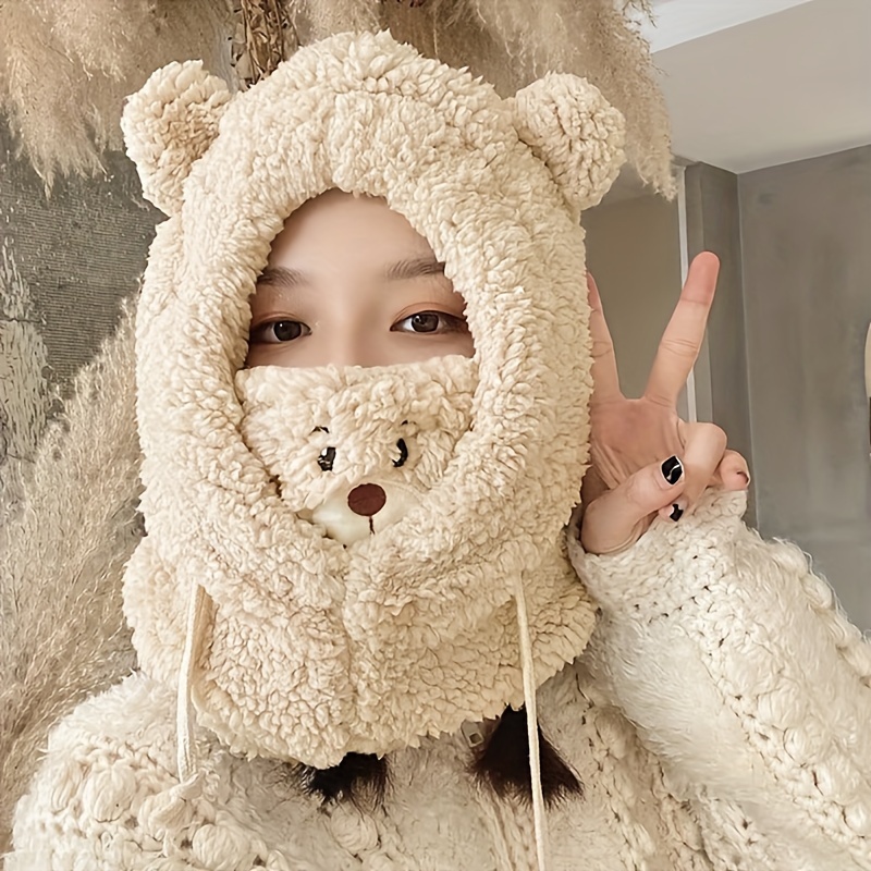 Image of Cute Autumn/ Mask, Hood, And Scarf Set - 3pcs Warm Ear Protection And Neck Warmer Hat Combo