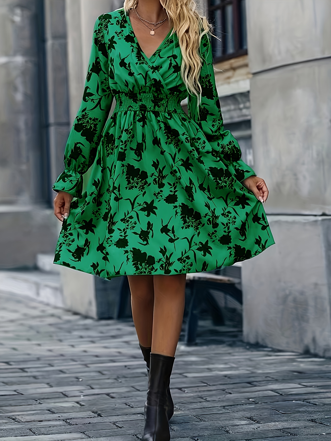 Floral Print Shirred Waist Dress, Elegant Surplice Neck Long Sleeve Dress, Women's Clothing | Today's Deals
