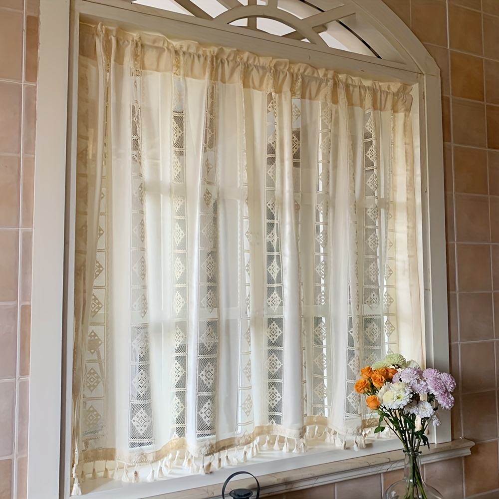 Cortina corta para ventana pequeña, 2 paneles, blanco, gris, algodón, lino,  margaritas, flores, tratamiento de ventana, cortinas de media cortina para