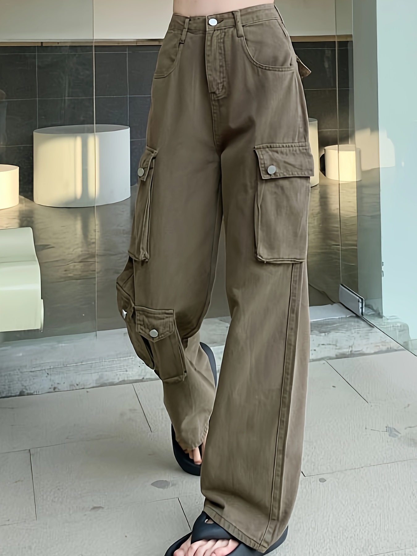 Solid Pocket Cargo Pants Casual Button Front Pants Women's - Temu