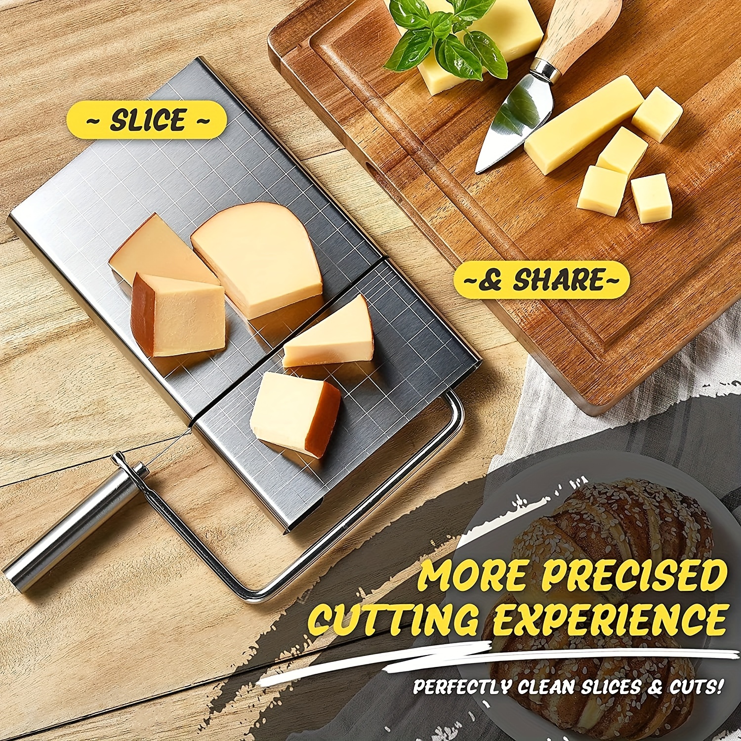 Cheese Slicer with Wire for Block Cheese - Adjustable Cheese Cutter Board  with 5 Replacement Wires - Stainless Steel Precise Scale for Clear Cuts