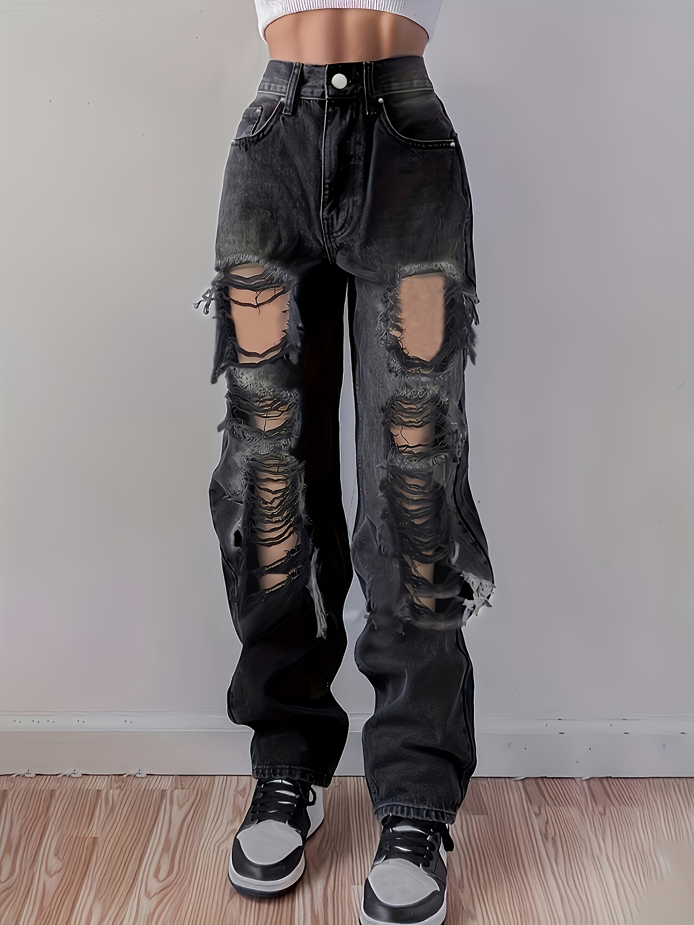 High Rise Ripped Straight Jeans High Waist Loose Fit - Temu Canada