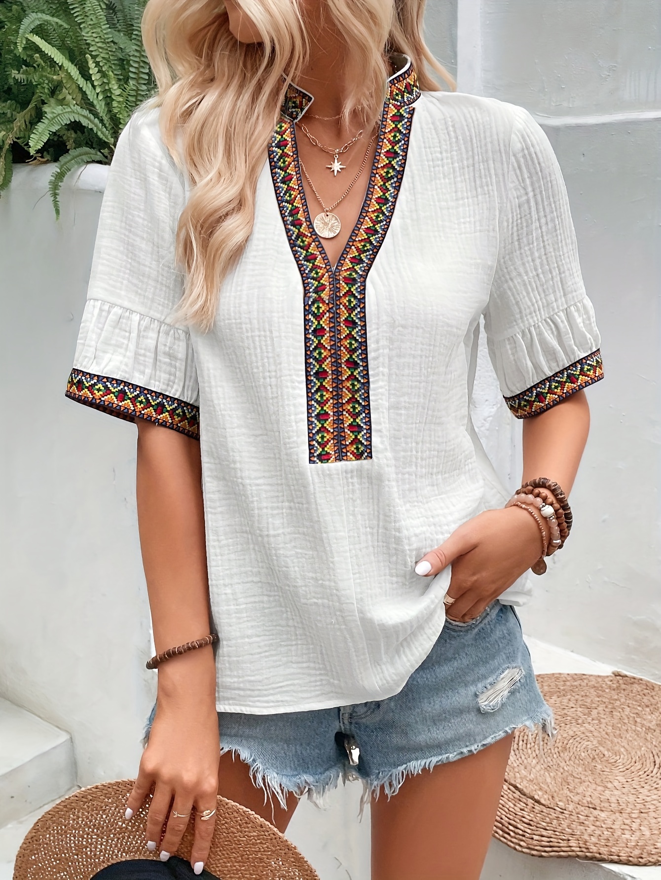 White/Navy Loose Shirt Women Ethnic Embroidered Blouse Casual Long