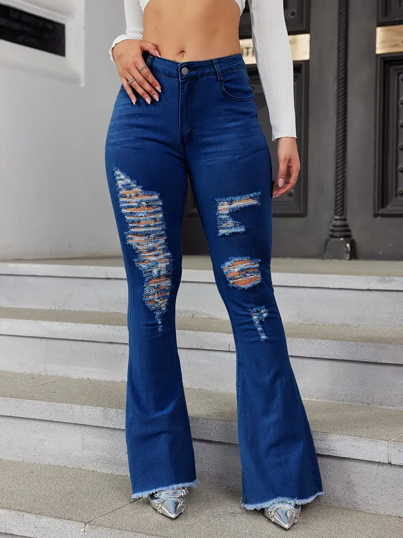 Jeans Acampanados Cintura Alta Agujeros Rasgados Pantalones - Temu